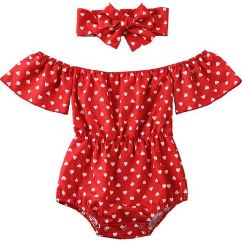 2Pcs Baby Newborn Girls Heart Print Romper Bow Knot Headband Short Sleeve O Neck Summer Infant Toddler Rompers Jumpsuits 0-24M