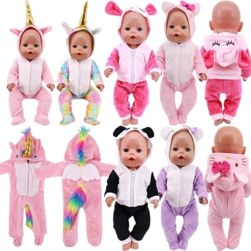 Baby Doll Clothes Cute Kitty Unicorn Panda Suits Jumpsuits Rompers For 18 Inch American of girl`s&43cm New Baby Born Reborn Toys
