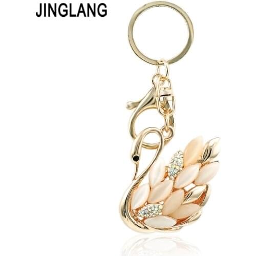 JINGLANG Gold Color Lobster Clasp Metal Keyring Dangle Opal Crystal Swan Charms Keychains For Women Luxury Handbag Jewelry