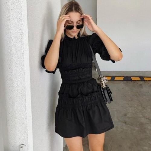 Fashion Slim Black Women Dress Lantern Puff Sleeve Vintage Collar Casual Sexy Bodycon Cotton High Waist Mini Short Dress Vestido