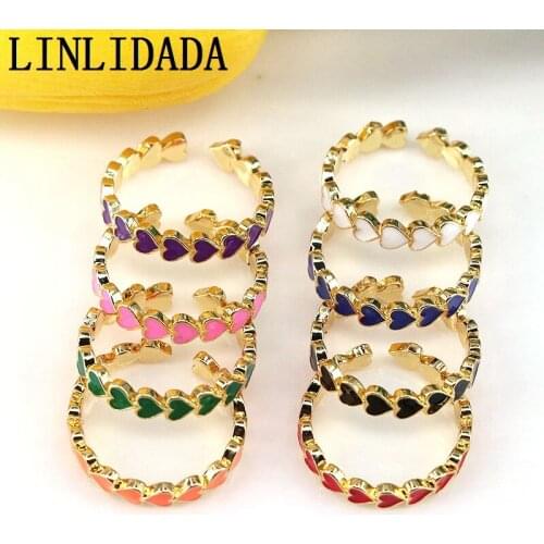 10Pcs Fashion Jewelry Gold Plated Enamel Love Heart Ring, Enamel Heart-Shaped Stackable Ring, Colorful Enamel Jewelry Adjustable