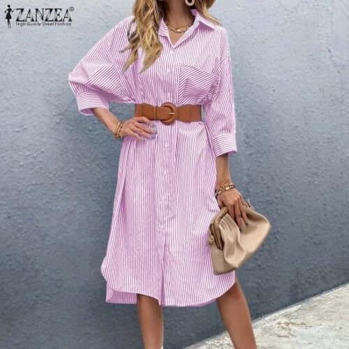 2021 Autumn Lapel OL Robe Femme Midi Shirt Dress ZANZEA Womens Striped Print Vestidos Female Fashion Elegant Dresses Oversized