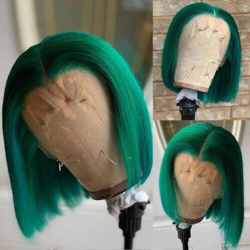 Green Bob Human Hair Lace Front Wigs Straight Natural Color Human Hair T Part Lace Wigs 180% Brazilian Lace Front Human Hair Wig