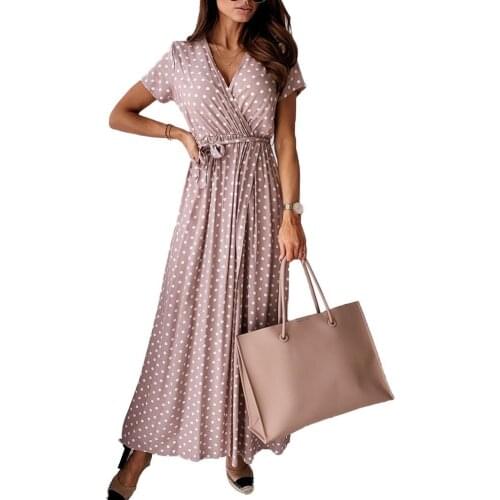 Hot Women Fashion V Neck Short Sleeve Belt Dots Print Front Slitting Hem Long Dress Elegant Dresses For Women 2021 Party