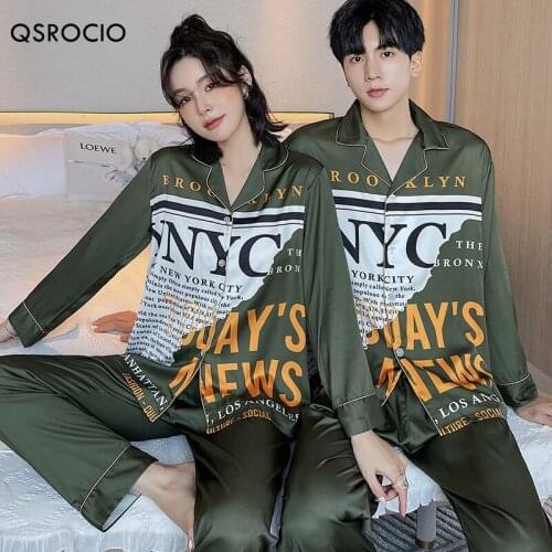 QSROCIO High Quality Womens Pajamas Set Street Fashion Design NYC Print Sleepwear Silk Like Couple Homewear for Men Lovers