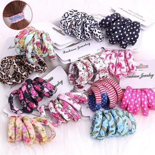 6PCS/Set Girls Colorful Flower Printed vitality Soft Elastic Hair Bands Lovely Band Ponytail Holder Hair Ropes Accessories
