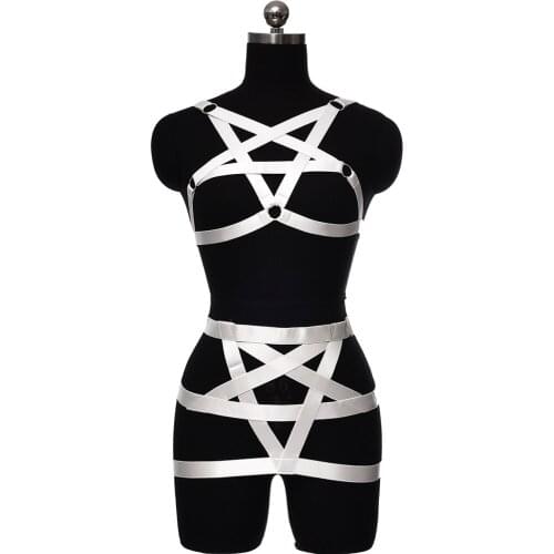 Sexy Elastic Adjust Bondage Harness Pentagram Hollow Bralette Women White Body Harness Skirt Rave Wear Harajuku Body Cage