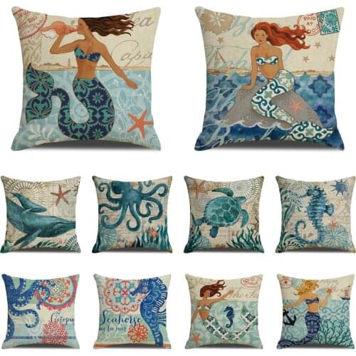 Super Hot Vintage Mermaid Turtles Cushion Cover Ocean Octopus Shells Linen Blue Pillow Cover for Home Decor Couch Throw Pillow