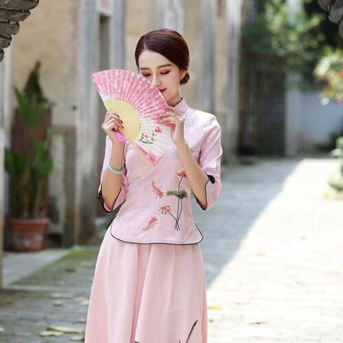 Summer Cheongsam Top Modern Short Sleeve Pink Cheongsam Qipao Embroidery Slim Short Chinese Style Women Traditional Large Size