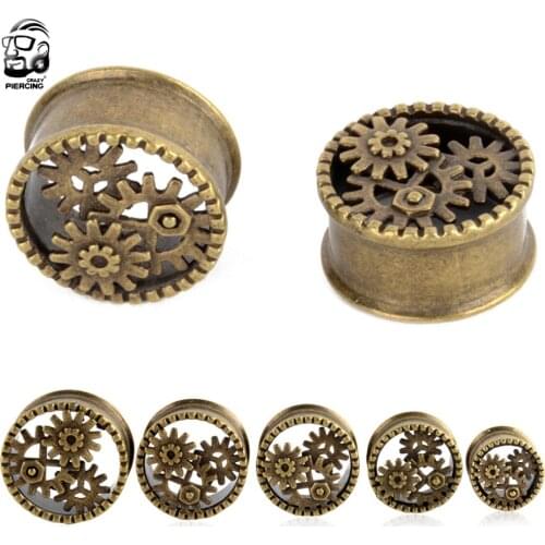 Pair Retro Style Gear Ear Tunnels Plugs and Gauges Fashion Body Piercing Ear Expander Reamer 8mm-25mm Brass Golden