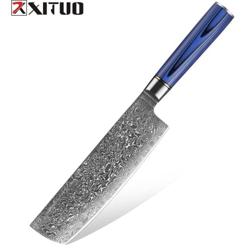 XITUO 7 inch Kitchen Chef Knife Damascus Powdered steel Cleaver Cuchillos High quality Slicing Santoku Japanese Knives Blue G10