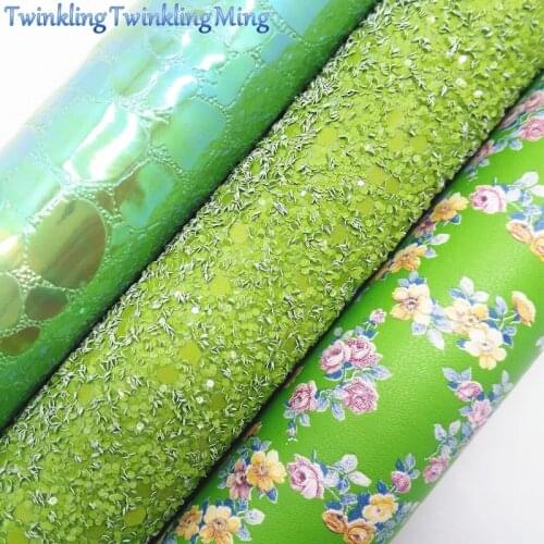 Green Glitter Fabric, Iridescent Faux Leather Fabric, Flowers Synthetic Leather Sheets For Bows A4 8"x11" Twinkling Ming XM203