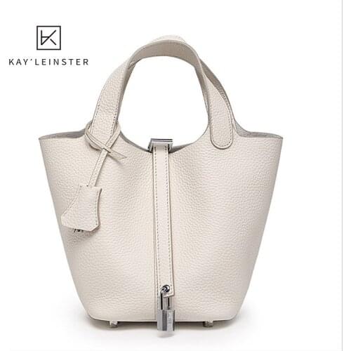 2020 Female Bag Korean Niche Litchi Pattern Handbags Genuine Cowhide Vegetable Basket Bag Solid Bucket Simple Wild Leather Bags