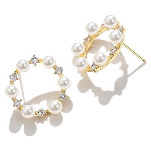 Ladies 1 Pair Fashion Cute Shining Zircon Earrings Gold Color Hoop Earings For Women Fashion Pearl Circle Jewelry