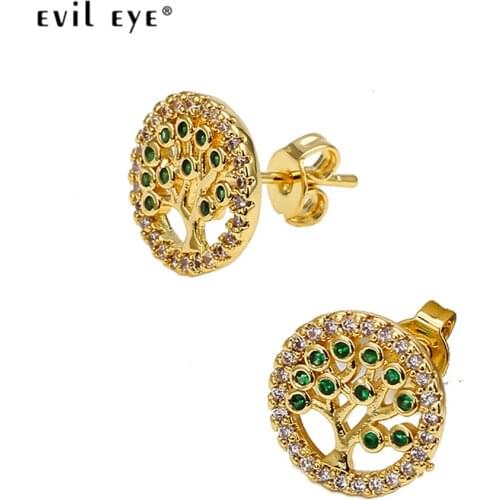 EVIL EYE Hollow Tree of Life Stud Earrings Gold Color Micro Pave Zircon Earrings Fashion Jewelry for Women Ladies Girls EY6611