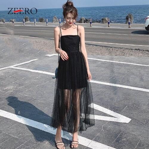 2020 New Summer Women Black Sexy Transparent Mesh Long Beach Dress Elegant Ladies Fashion Maxi Suspender Party Dresses Vestiods