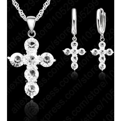 10Color Choose 925 Sterling Silver Austrian Crystal Cross Pendant Necklace Earrings Jewelry Sets Stock 24 Hours Shipping