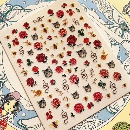 952 593 300 463 Rose flower cat snake 3D Back glue Nail Art Stickers Decals Sliders Nail ornament decoration