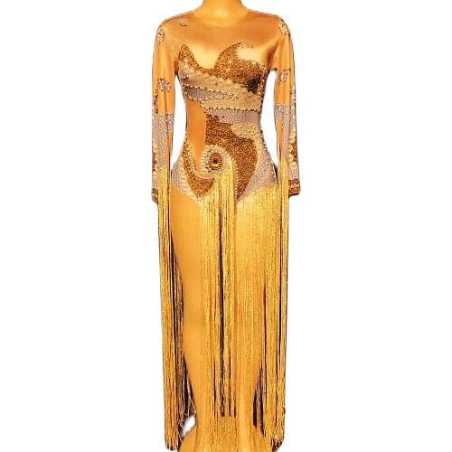 Glisten Crystals Gold Long Tassel Jumpsuit Mesh Perspective Rhinestones Bodysuit Nightclub Singer Costume Evening Prom Outfit