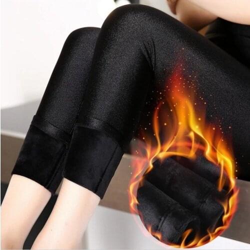 Sexy Lurex women autumn winter street pants fashion inner fleece elastic high waist pencil pant solid black shiny velvet legging
