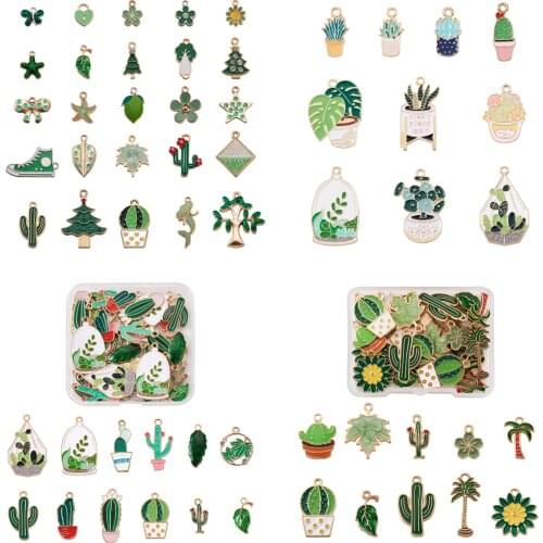 Pandahall 50pcs 25 Styles Green Color Enamel Charms Pendants Plant Trees Leaf for DIY Bracelet Earrings Crafts Jewelry Making
