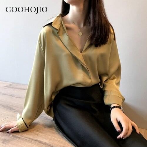 GOOHOJIO 2021 Spring Autumn Temperament Shirts Women V-neck Fashionable Blouses for Women Chic Satin Solid Color Shirts Women