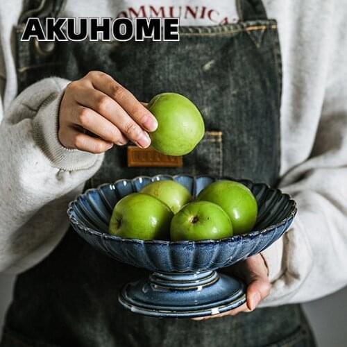 Retro Ceramic Fruit Plate Fruit Plate Snack Plate Household Living Room Dining Table Kiln Changed Chrysanthemum Fruit Tray