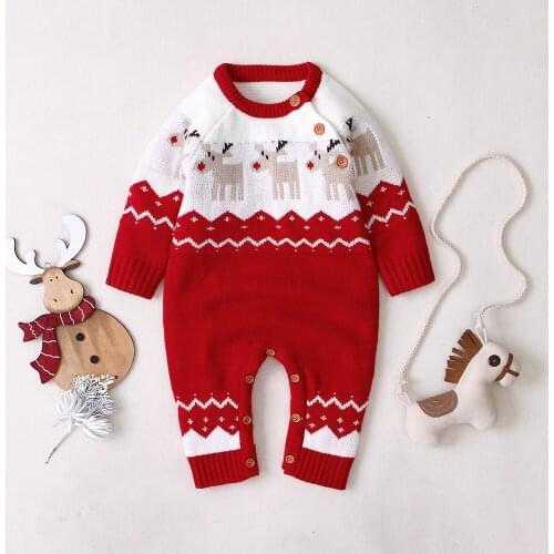 Emmababy Newborn Christmas Romper Babies Long Sleeve Elk Printed Pattern Round Collar Jumpsuit Baby Christmas Clothes 0-18M