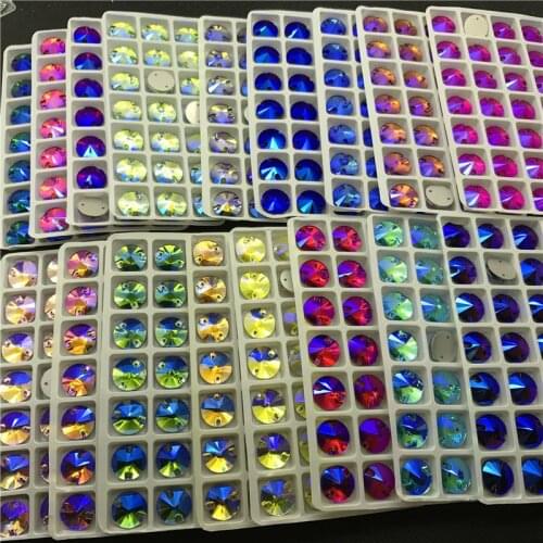 TopStone 8mm 10mm 12mm 14mm 16mm Round Rivoli Sew On Crystal Rhinestones Multi AB Colors Sewing Glass Stones for Dress Making