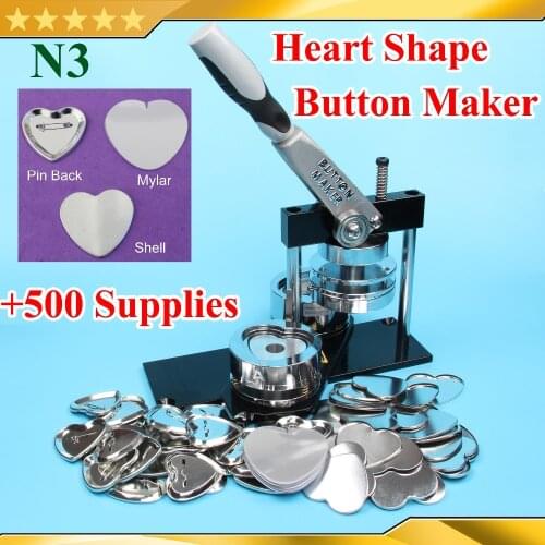 Free Shipping N3 Heart Shape 57x52mm Badge Button Maker Machine with Interchangeable Die Mould +500 Sets Metal Pinback Supplies