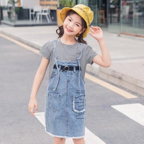 Fashion Girls Set Kids Girls Striped T-shirt and Blue Denim Dress Set Summer Children Clothes 10Y Toddler Girls New Designed Set