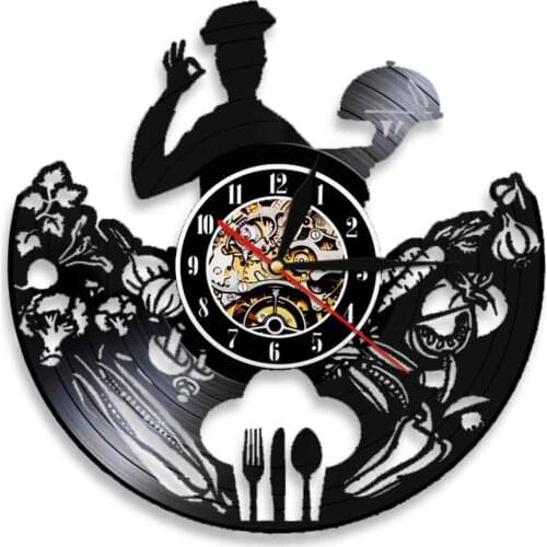 Chef Wall Clock Restaurant Business Logo Wall Decor Kitchen Utensils Professional Cook Gourmet Cuisine Food Vinyl Record Clock