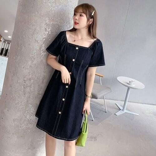 New Summer Style Women Dresses Casual Square Collar Solid Single Button Slim Short Sleeve Jeans For Females Denim One-Piece