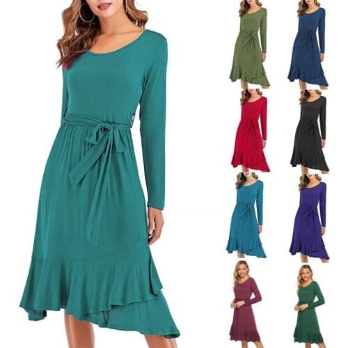 Autumn Women O-Neck Slim Lace-Up Ruffle Dress 2021Plus Size Long Sleeve Irregular Midi Dresses Casual Party Temperament Vestidos