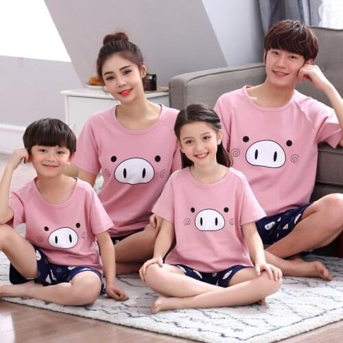 Szie 8-4XL MING New Parent-Child Pajamas Set Summer Short Sleeves Pure Cotton For Boys Girls Women Men Cute Cartoon Home Wear