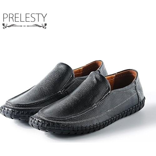 Prelesty Plus Size 38~47 Classic Simple Style Pure Color Men Genuine Leather Casual Shoes Soft Autumn Slip-On Shoes Male Flats