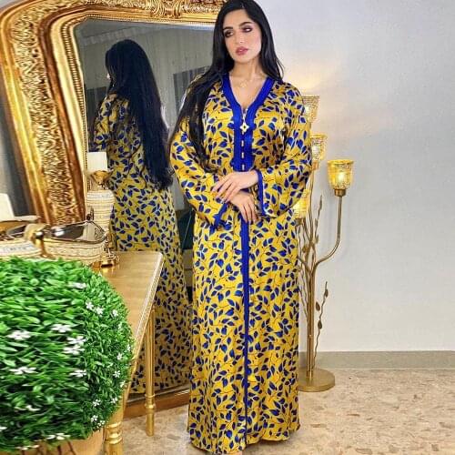Ramadan Eid Floral Printed Silky Abaya Maxi Dress Womens Islamic Long Embroidery Muslim Robes Arabic Turkey Clothes F2793 DHL