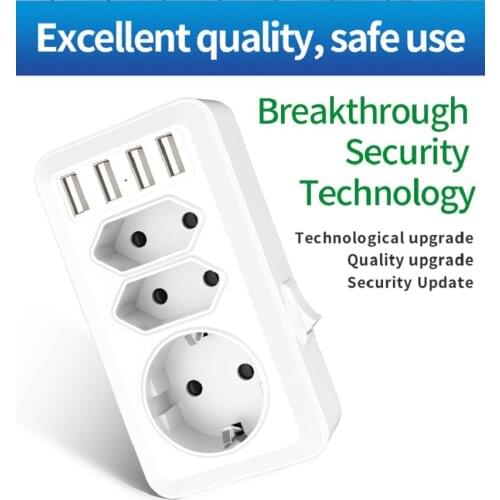 1 to 3 Way Socket Adapter Conversion Plug Power Socket with 4 USB Charge Ports Wall Socket