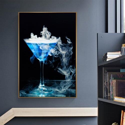 Blue Cocktail Glass with Ice Smoke Modern Home Kitchen Decor Wall Art Pictures for Living Room Hd Spray On Canvas Oil Paintings