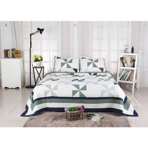 Blue Embroidery cotton Printed Quilting Quilts 3pcs Set Quality WHOLESALE Bedspread Bedding kingSize Bedcover waterwash quilts