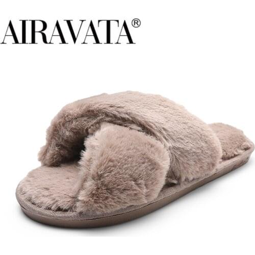 2021Airavata Women Cotton Fuzzy Slippers Furry Plush Flat Shoes Warm Summer House Home for Women Indoor Slipper Female