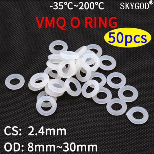 50pcs VMQ O Ring Seal Gasket Thickness CS 2.4mm OD 8~30mm Silicone Rubber Insulated Waterproof Washer Round Shape White Nontoxi
