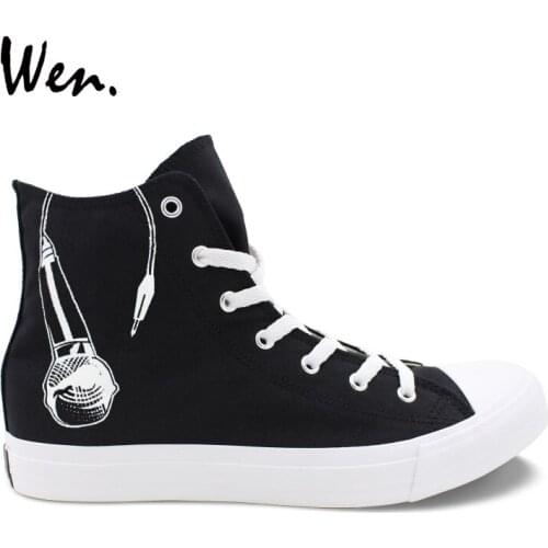 Wen Hand Painted Original Shoes Design Earphones Microphone Graffiti Canvas Men Women Sneakers High Top Skateboarding Shoes