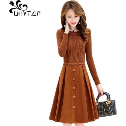 UHYTGF knitted Sweater dress women fashion fake two casual warm winter sweater dress stitching pullover elegant women dress 1214