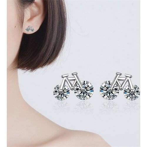 KOFSAC Cute Bike Silver 925 Earring Lady Exquisite Cubic Zirconia Crystal Stud Earrings For Women Fine Jewelry Best Girl Gift