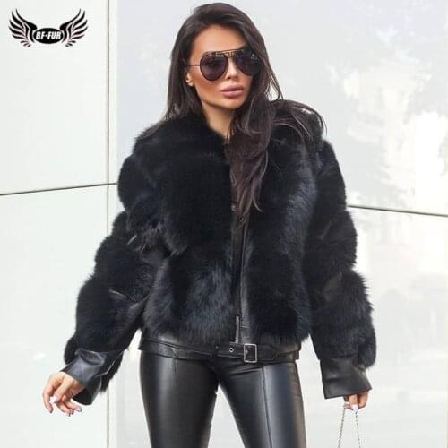 BFFUR Winter Fashion Real Fox Fur Coats For Women Locomotive Style Genuine Sheep Leather Jacket Natural Fox Fur Coat Female 2021