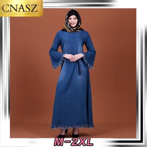 2019 Muslim Abaya Dubai Robes New Loose Butterfly Long-Sleeved Embroidered Contrast Denim Dress Islamic Turkey For Women
