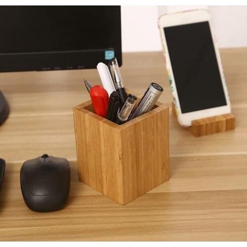 Bamboo Pen Pencil Holder Makeup Brush Storage Office Stationery Square Organizer K92F