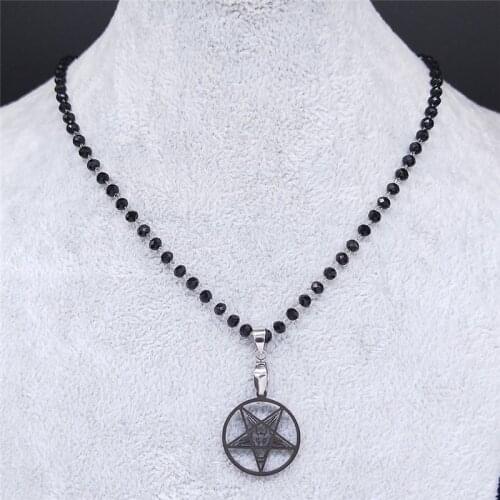 Large Talisman Baphomet Stainless Steel Necklace Goat PIN Crystal Bead Jewerly Satanic PIN Lucifer Patch collier homme N3544S02