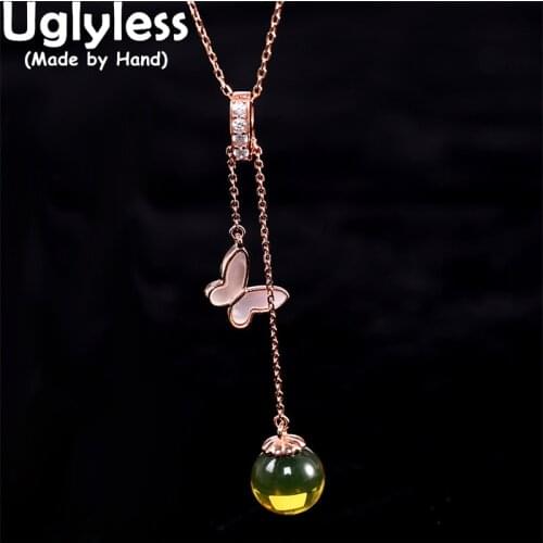 Uglyless Adjustable Long Chains Pendants Necklaces for Women Blue Amber Necklace Gourd Butterfly Jewelry 925 Silver Bijoux+Chain